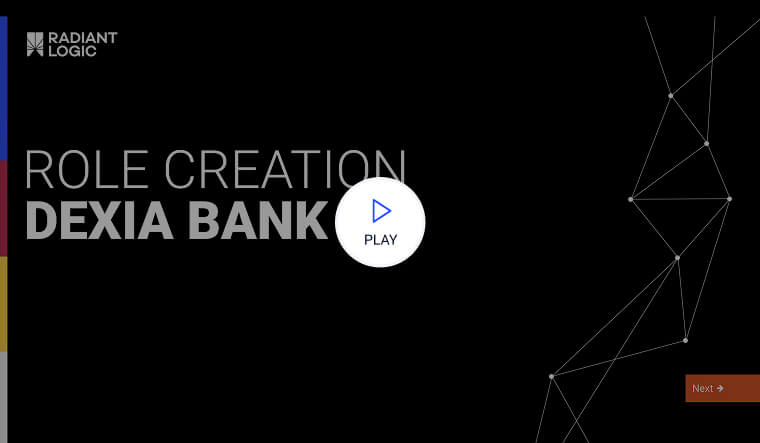 A black screen displays Role Creation Dexia Bank in large text, with a white play button in the center. The Radiant Logic logo is in the top left corner, and a Next button is at the bottom right. Learn more about how we help organizations simplify their access rights management.