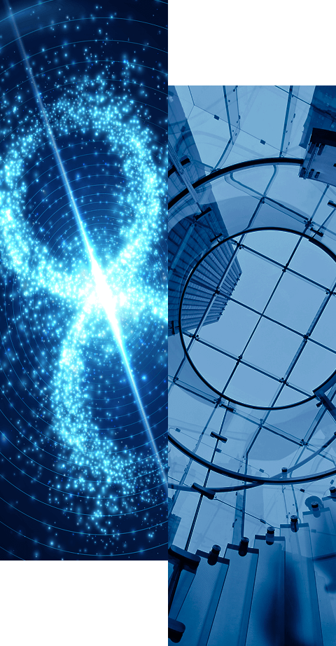 Split image; left side shows a glowing blue infinity symbol made of digital particles, right side features an upward view of a modern glass ceiling with circular design and city buildings in the background. Learn more about how we help organizations’ identity-first security approach.