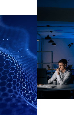 A split image showing a digital hexagonal network pattern on the left and a man working intently at a computer in a dimly lit modern office on the right. Learn more about how we help organizations’ identity-first security approach.