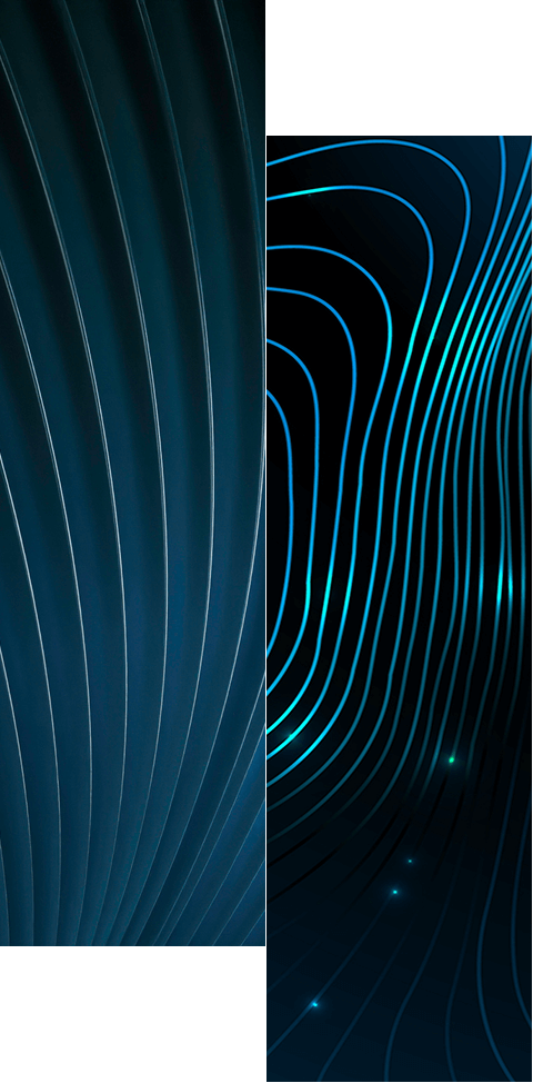 Split image with abstract, curved lines: the left side shows smooth, silver-blue lines on dark teal; the right features glowing neon blue lines on black with scattered light dots. Learn more about how we automate user access reviews for access rights compliance.