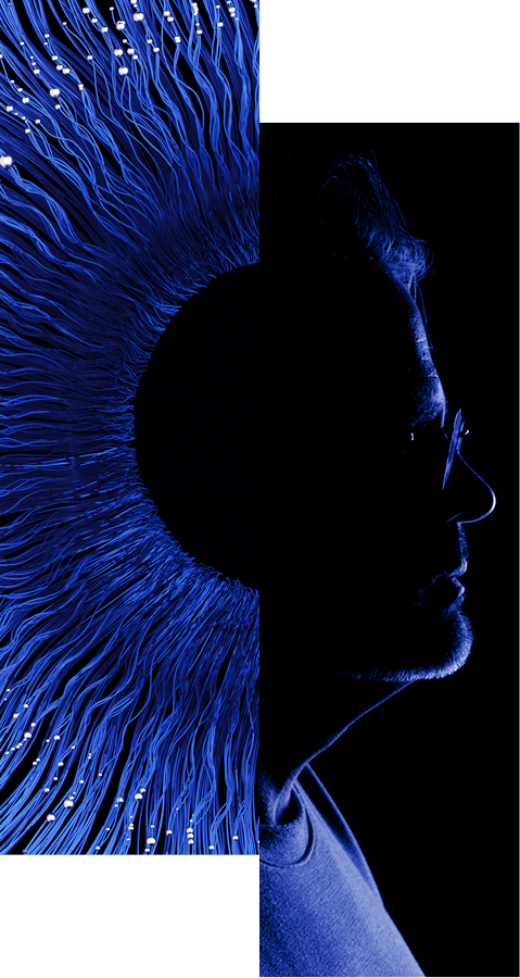 A split image: the left half shows an abstract, blue digital iris; the right half shows the dark, blue-lit profile of a person with glasses, facing right. Learn more about mitigating fraud risks using Segregation of Duties (SoD) controls.