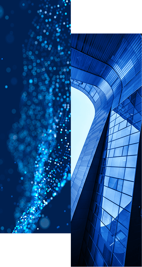 Abstract image split in half: the left side shows glowing blue particles on a dark background, while the right features the reflective glass facade of a modern, blue-tinted skyscraper—highlighting how Segregation of Duties (SoD) controls can help mitigate fraud risks.