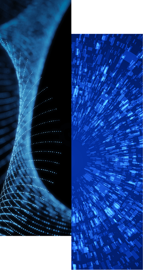 Split digital abstract image: the left side shows a swirling pattern of glowing blue dots, like a wave or helix—symbolizing complex systems; the right side features blue shapes radiating outward, echoing how Segregation of Duties (SoD) controls mitigate fraud risks.