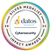 A round silver medal badge labeled SILVER MEDALIST IMPACT AWARDS 2025 features the Datos Insights logo and the word Cybersecurity in the center, celebrating excellence recognized by Radiant Logic Awards.