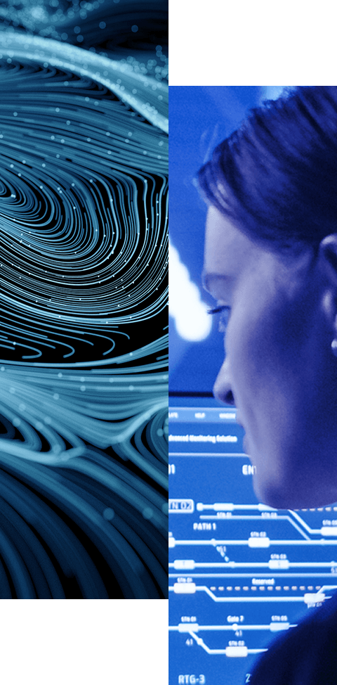Split image: on the left, abstract swirling blue and white lines resembling data flow; on the right, a woman in profile looks at glowing blue screens with technical diagrams highlighting Identity Solutions by Industry.