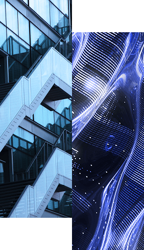 A split image showing modern glass building staircases on the left and abstract blue light patterns with digital lines on the right, illustrating the innovation behind RadiantOne identity data and intelligence solutions.