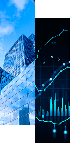 Tall glass office buildings on the left, alongside a digital blue financial graph with data points and lines to the right, illustrating Identity Solutions by Industry on a dark background.