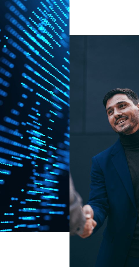 A man in a dark suit smiles while shaking hands, positioned beside a digital graphic of blue lines and dots resembling data or code, inviting you to learn more about how we help organizations’ identity-first security approach.