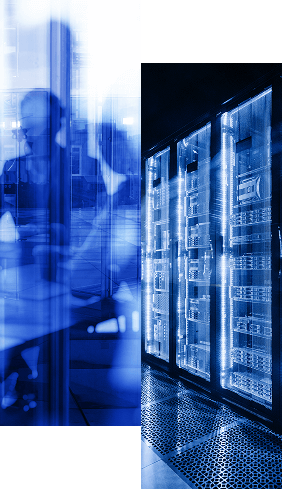 A row of illuminated server racks in a data center with a blurred silhouette of a person working at a computer, overlaid with a blue digital effect, showcases RadiantOne identity data and intelligence solutions in action.