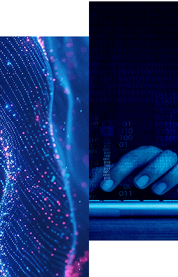 Abstract digital art with flowing blue and pink dots on the left, and a close-up of a hand typing on a keyboard beside binary code on the right, both in blue-tinted light—illustrating Identity Data Fabric defined through Radiant Logic’s innovative approach.