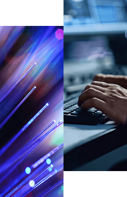 Split image: On the left, glowing fiber optic cables in blue and purple tones; on the right, hands typing on a keyboard—illustrating how Identity Data Fabric, as defined by Radiant Logic, powers secure and efficient data access.