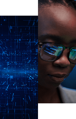 A close-up of a person wearing glasses with computer code reflected in the lenses, next to a digital blue abstract background—illustrating how we help remove productivity roadblocks and streamline processes for reduced downtime.