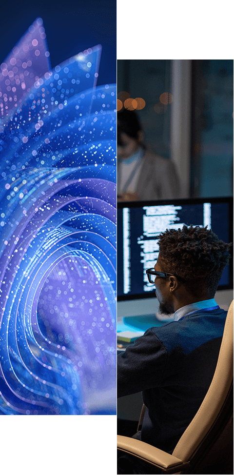 A split image: the left half shows abstract blue and purple swirling lights; the right half features a man with glasses coding at his computer in an office—learn more about how we help remove productivity roadblocks and streamline processes.