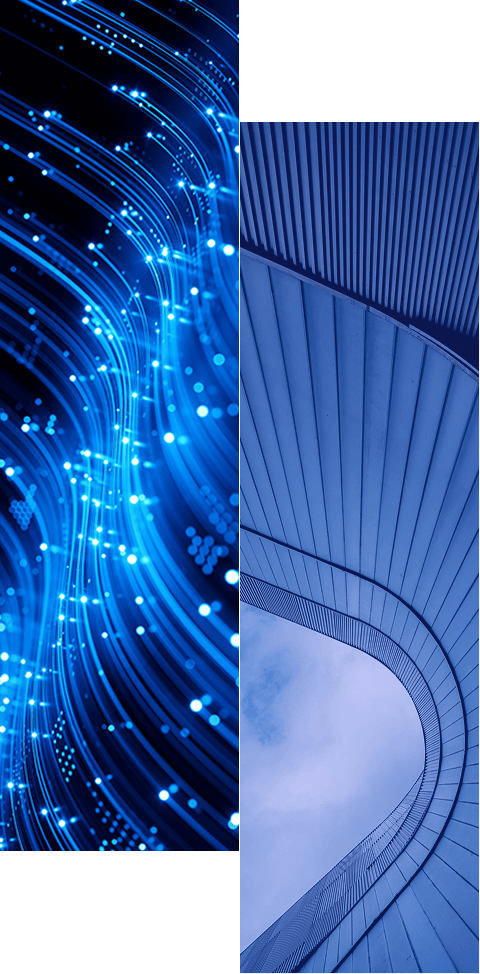 Split image: Left side shows glowing blue light trails resembling fiber optic cables; right side displays a modern, curved architectural structure against a blue sky—highlighting sleek, futuristic design. Learn more about how we help remove productivity roadblocks and streamline processes.