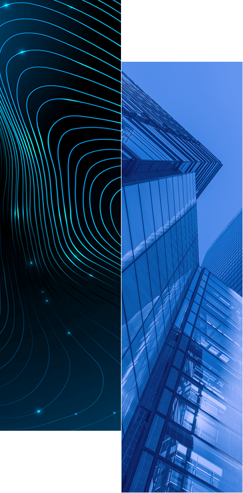 Split image: left side shows glowing blue curved lines on black, resembling abstract digital waves; right side features modern glass skyscrapers from below. Learn more about how we help remove productivity roadblocks and streamline processes.