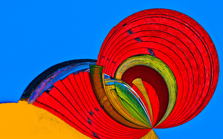 Abstract digital artwork with bold, swirling red and green curved shapes evokes the layered security of Zero Trust Architecture against a bright blue background, with a patch of yellow in the bottom left corner, creating a vibrant, dynamic composition.