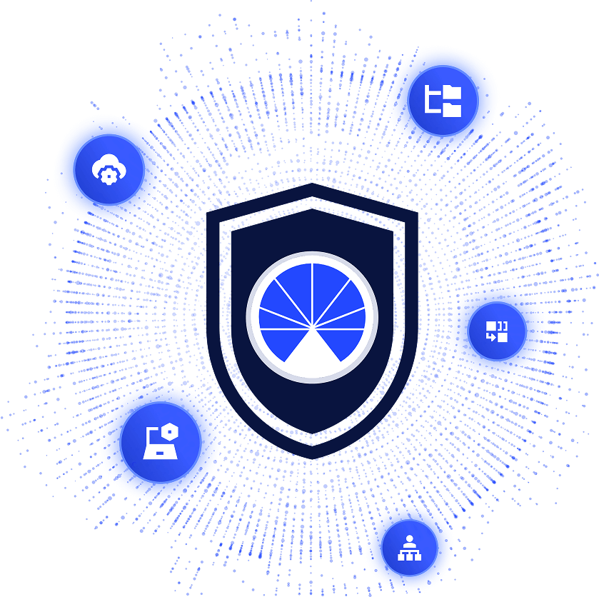 A dark shield with a pie chart in the center is surrounded by blue technology and data icons, radiating dotted lines outward, symbolizing Zero Trust Architecture and robust data protection.