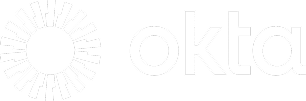 White Okta logo on a light background, featuring a circular sunburst design to the left of the lowercase text okta.