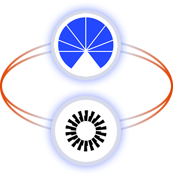 Two circular icons connected by curved orange lines: the top icon has blue and white pie-like segments, and the bottom icon has black radial bars on a white background.