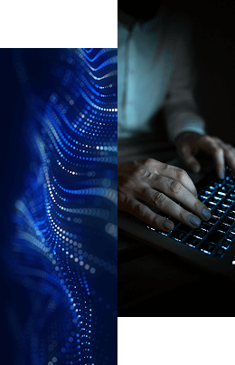 A split image showing a persons hands typing on a keyboard on the right, and abstract blue digital waves with glowing dots on the left, representing technology and data.