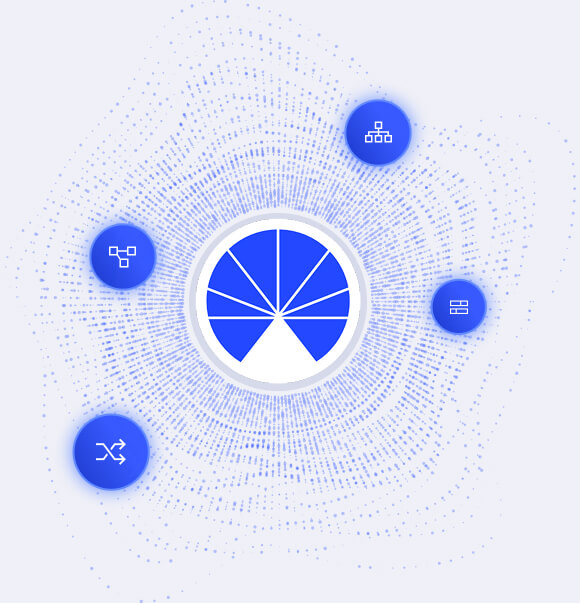 A central blue and white pie chart is surrounded by four blue circular icons depicting different flowchart symbols, all set against a dotted, abstract background.