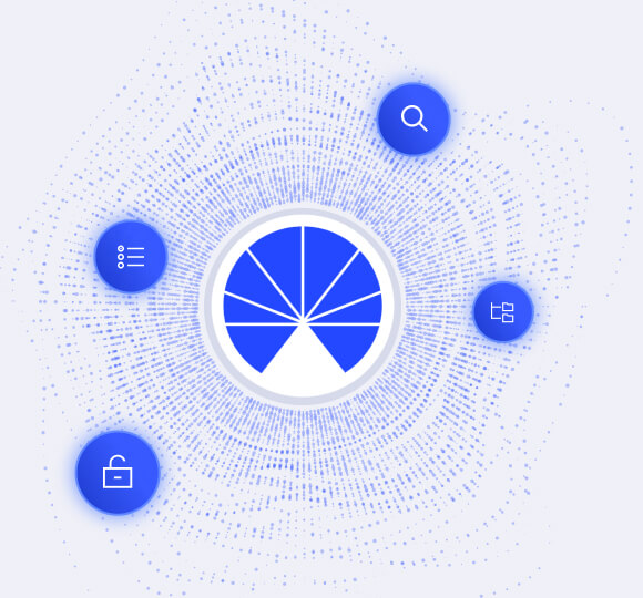A circular pie chart with a highlighted blue segment is in the center, surrounded by four blue icons—a checklist, magnifying glass, network diagram, and shopping bag—symbolizing seamless RadiantOne CyberArk integration amid a backdrop of blue data dots.