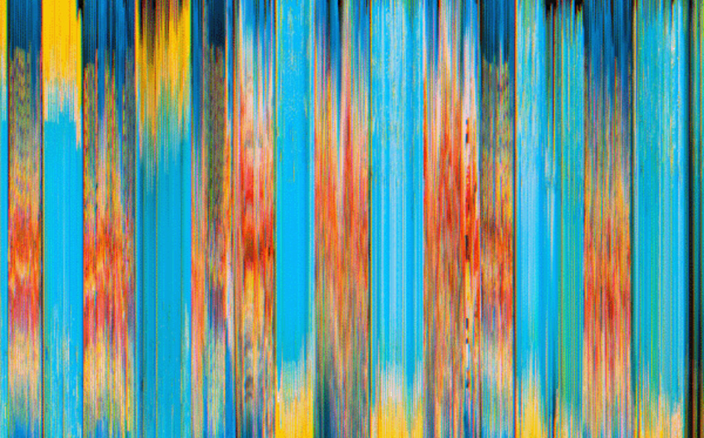Abstract artwork featuring vertical streaks of bright blue, yellow, orange, and red. The colors blend and blur together, creating a vibrant and dynamic striped pattern with a painterly texture.