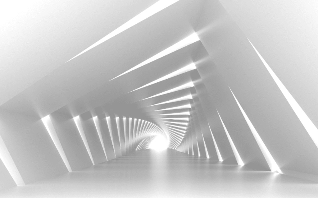 A futuristic, white tunnel with geometric, angular patterns and glowing light strips, creating a sense of depth and infinity. The tunnel appears symmetrical and abstract, with a smooth, reflective floor.