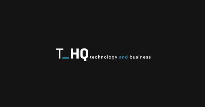 A black background with the text “T_HQ technology and business.” “T_HQ” is large, with “T_” in white and blue, “HQ” in white, and “technology and business” in smaller gray and blue letters to the right.