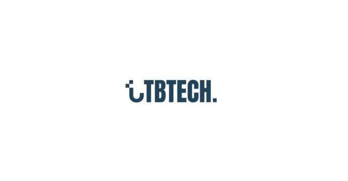 Logo for TBTECH. in bold, dark blue uppercase letters on a white background. A stylized T with a small curved line above it appears before the text, followed by a period.