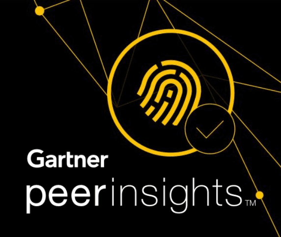 Gartner Peer Insights logo with a yellow fingerprint and checkmark on a black background with connecting lines. The text “Gartner peer insights” is displayed below the logo.