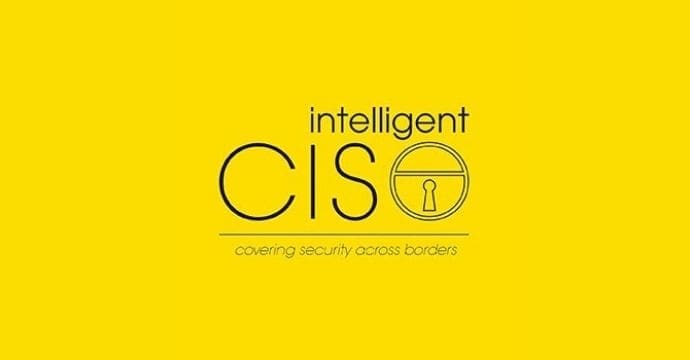 Yellow background with the text intelligent CISO in black; the O is designed as a padlock. Below, smaller text reads covering security across borders.