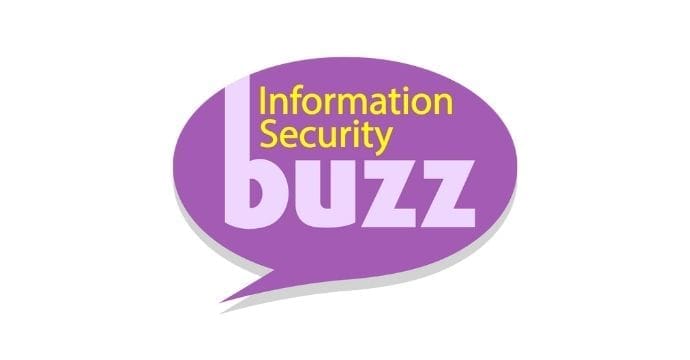 A purple speech bubble with the words Information Security buzz inside, with Information Security in yellow and buzz in large, light purple letters.