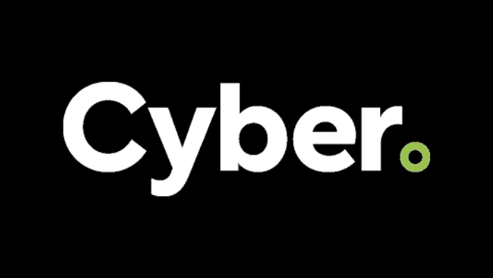 The word Cyber is written in large white letters on a black background, with a small green circle at the end.