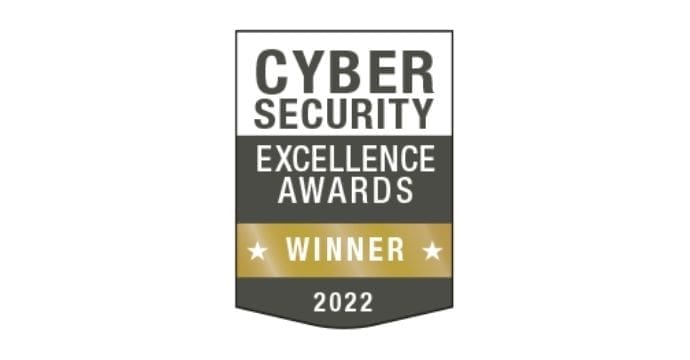 A badge-style graphic displaying Cyber Security Excellence Awards Winner 2022 with a gold banner and two stars highlighting the word Winner.
