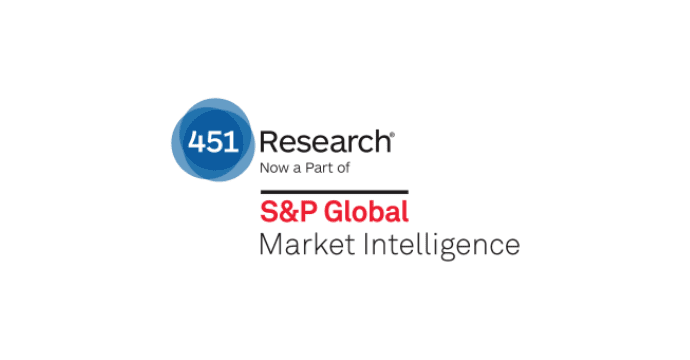 Logo for 451 Research, Now a Part of S&P Global Market Intelligence, with the 451 Research blue circle next to the S&P Global Market Intelligence text in black and red on a white background.