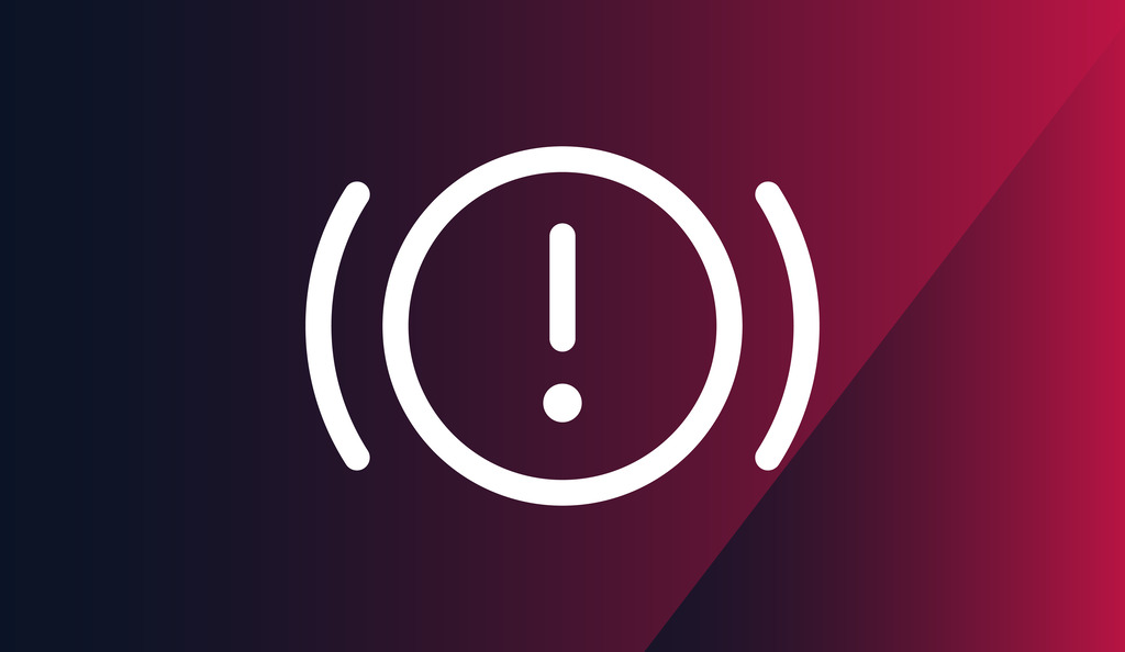White car brake warning light symbol with an exclamation mark inside a circle and two curved parentheses on a dark blue and red gradient background. Request a Demo to See Radiant Logic In Action.