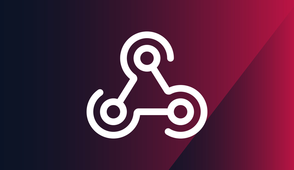 A white abstract triangular circuit or network icon with three connected circles on a dark blue and red gradient background. Request a Demo to See Radiant Logic In Action.