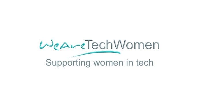 Logo with the text WeAreTechWomen above the tagline Supporting women in tech on a white background. WeAre is in teal script, TechWomen in gray, with a teal underline beneath TechWomen.