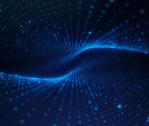 A swirling pattern of glowing blue dots on a dark background creates a wave-like, digital or abstract effect, with lines of light converging towards the center.
