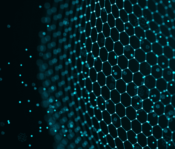 A glowing hexagonal grid pattern extends across a dark background, with small blue dots scattered throughout, resembling a futuristic digital network or molecular structure.