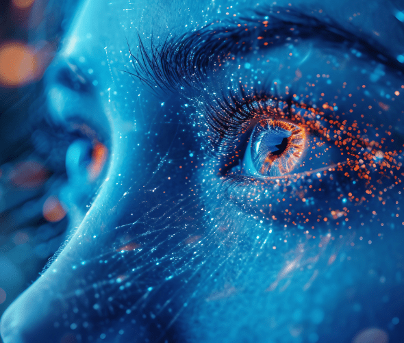 Close-up of a persons face with a digital, futuristic effect; blue and orange glowing dots and lines surround the eye, giving a sense of technology and connection.
