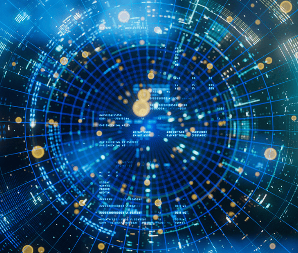 A digital abstract image showing a blue circular grid with glowing lines, dots, and binary code, resembling a futuristic interface or data network. Yellow light spots are scattered across the design.