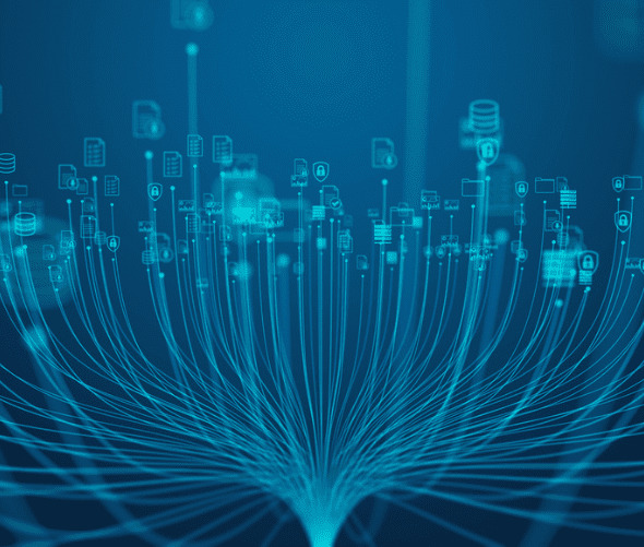 A digital illustration shows interconnected blue lines branching out, with various technology and data icons—such as locks, servers, and documents—floating above, symbolizing data flow and network connectivity on a blue background.