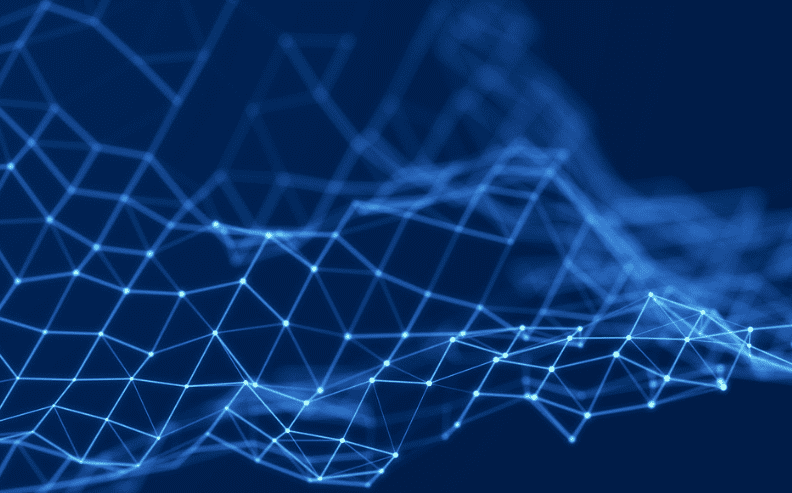 A digital abstract image featuring a network of interconnected blue lines and glowing dots, forming a geometric mesh pattern against a dark blue background.