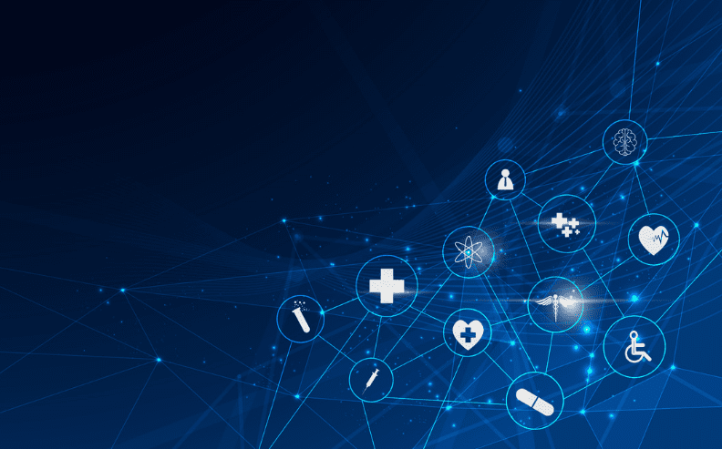 A digital blue background with interconnected healthcare icons, including a heart, cross, pill, syringe, test tube, wheelchair, and medical symbols, representing medical technology and innovation.