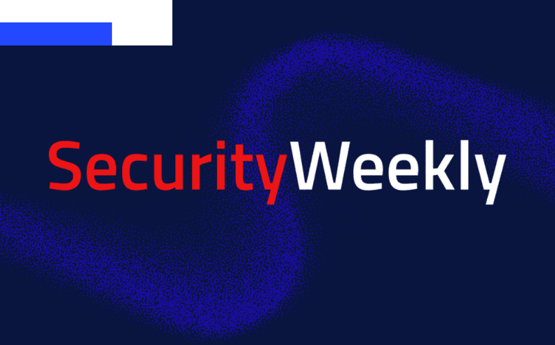 Security Weekly text logo with Security in red and Weekly in white on a dark blue background with abstract blue shapes and a white and blue rectangular detail in the top left corner.