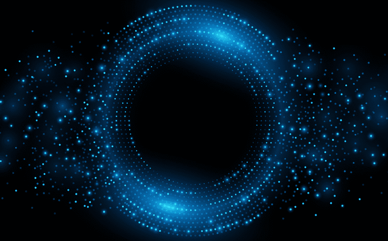A glowing blue ring composed of small dots and particles on a black background, creating a futuristic, circular light effect with scattered sparkles radiating outward.