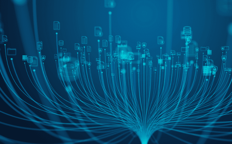 A digital visualization of interconnected data streams and database icons, representing a network or data flow on a blue background. Lines branch outwards, connecting various symbols and suggesting digital connectivity.