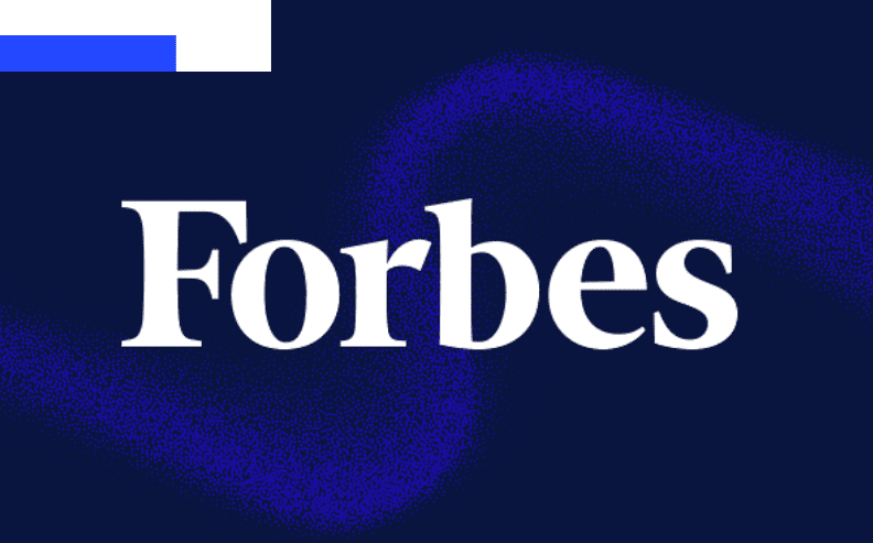 The image features the Forbes logo in bold white text centered on a dark blue background with a textured, wavy pattern and a small blue and white bar in the upper left corner.